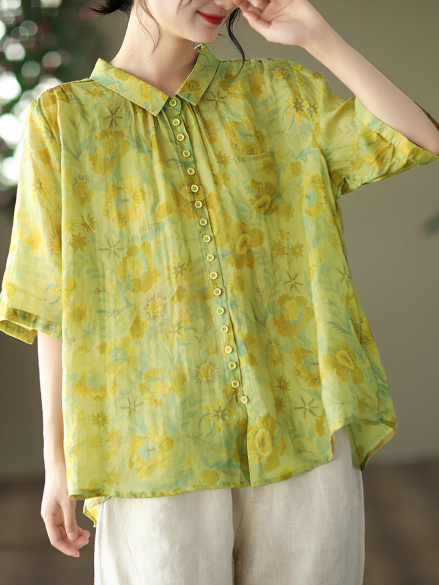 Camicia casual estiva da donna con motivo floreale vintage Ramie