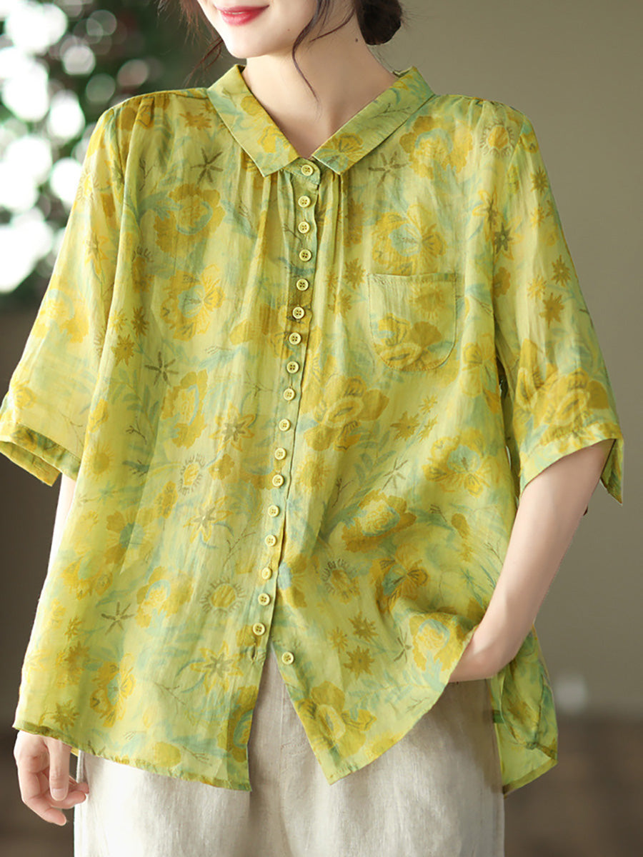 Camicia casual estiva da donna con motivo floreale vintage Ramie