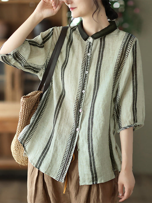 Camicia casual estiva da donna in ramiè a righe vintage