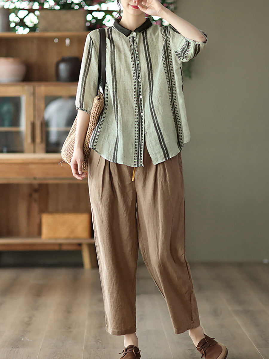 Chemise d'été décontractée à rayures vintage en ramie pour femme