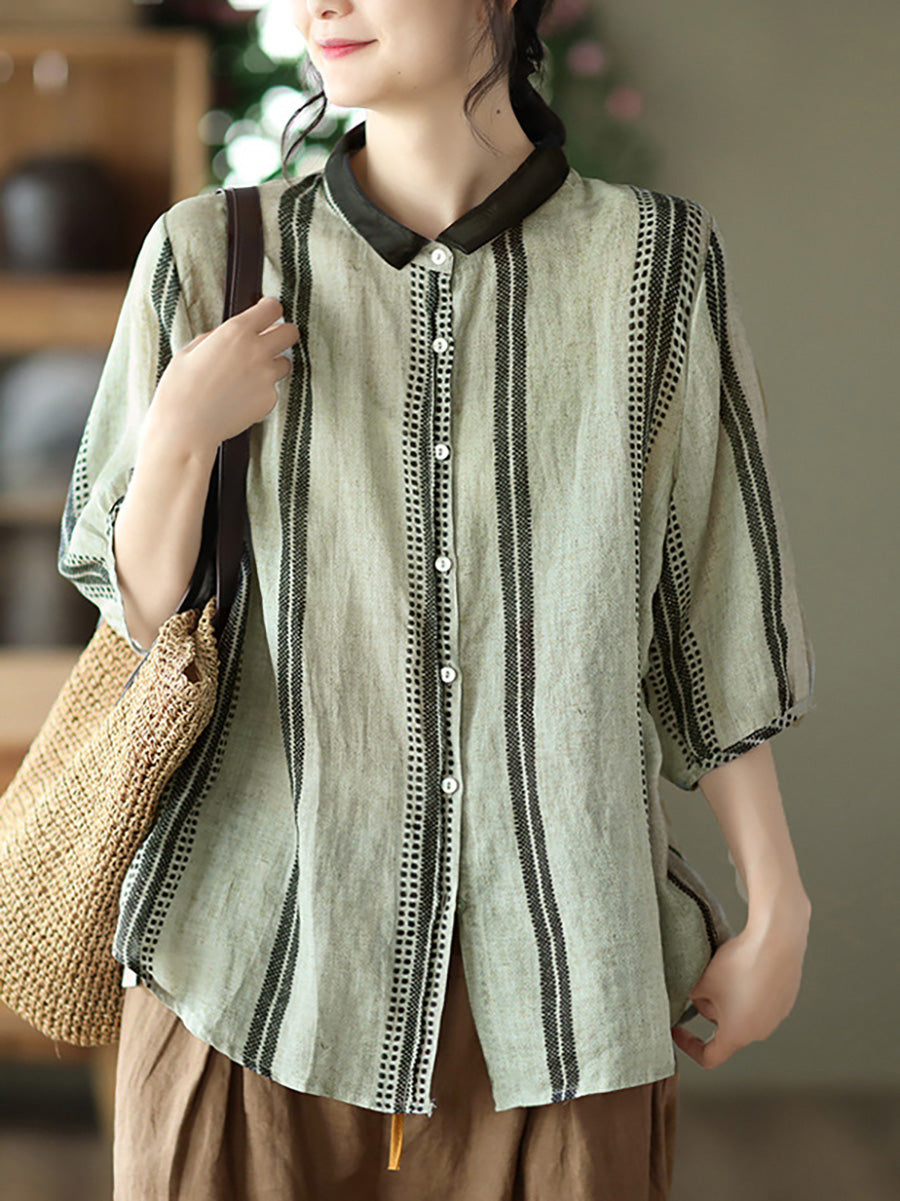 Chemise d'été décontractée à rayures vintage en ramie pour femme