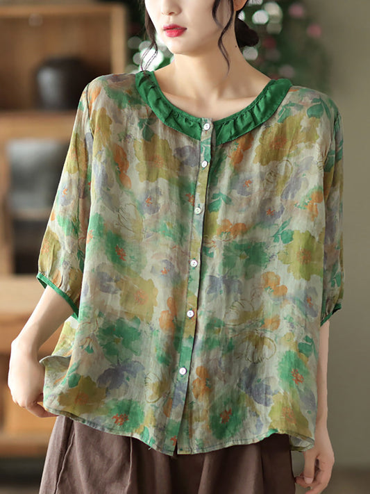 Camicia estiva vintage da donna con motivo floreale Ramie