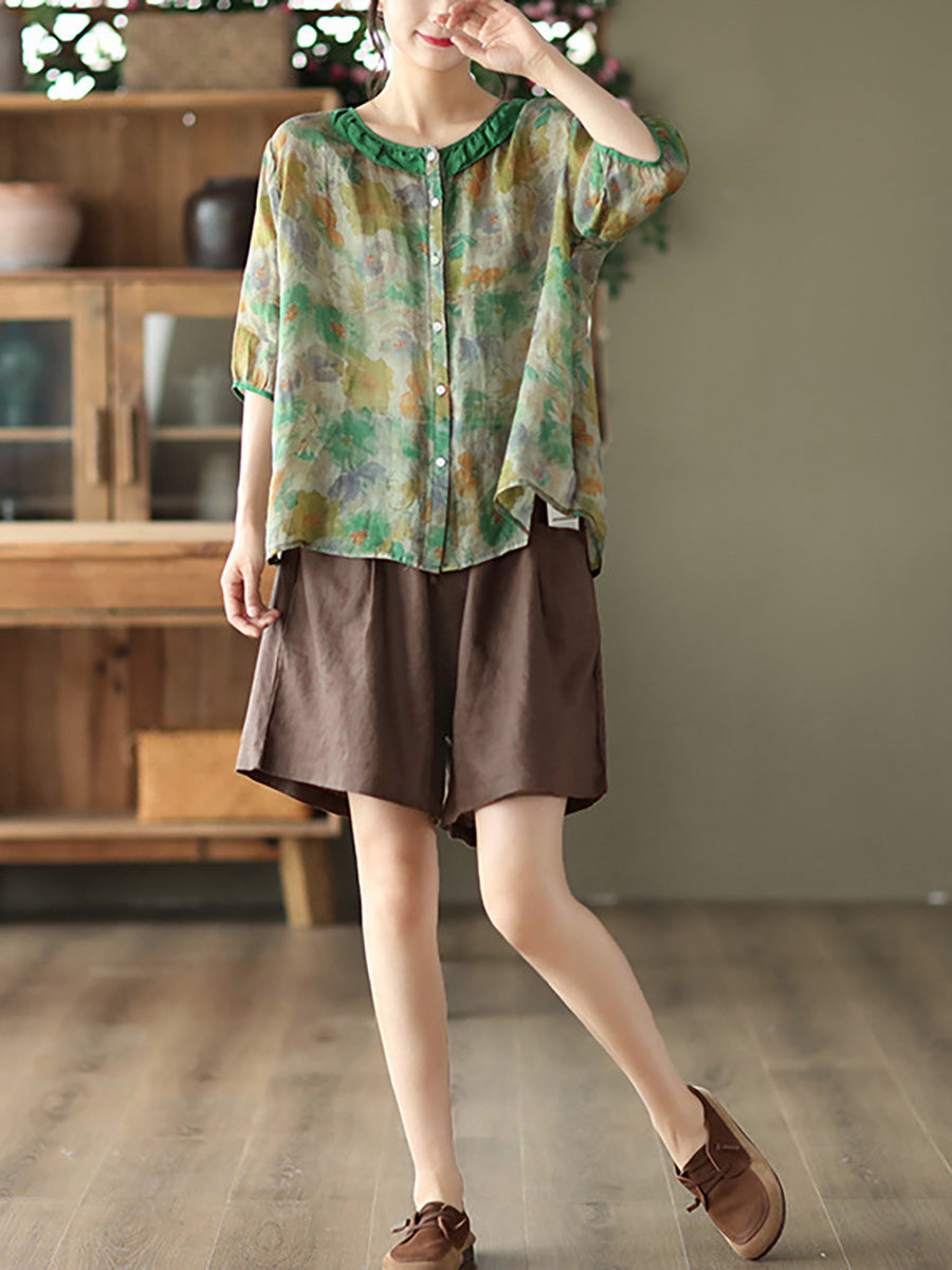 Camicia estiva vintage da donna con motivo floreale Ramie