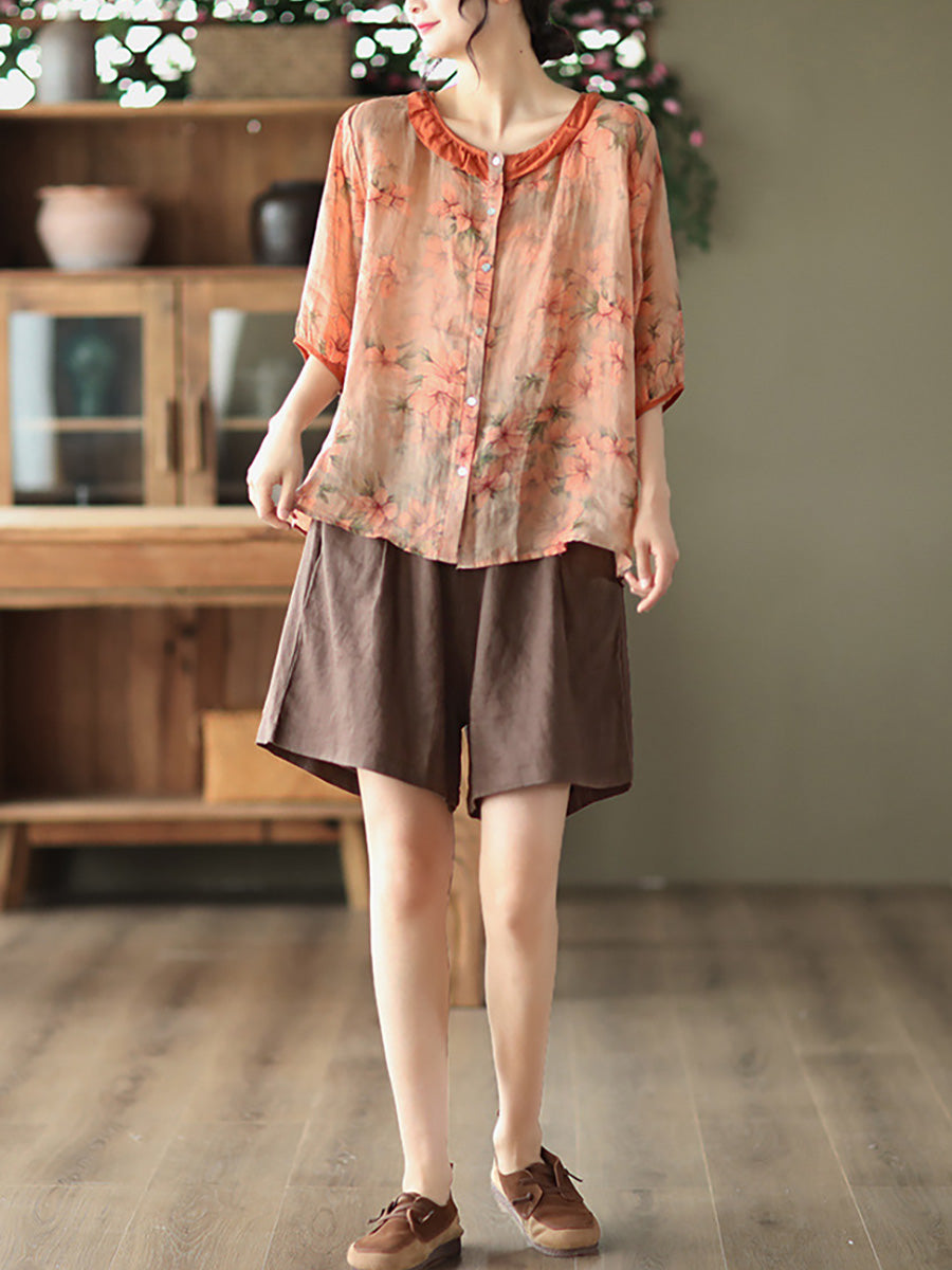 Camicia estiva vintage da donna con motivo floreale Ramie