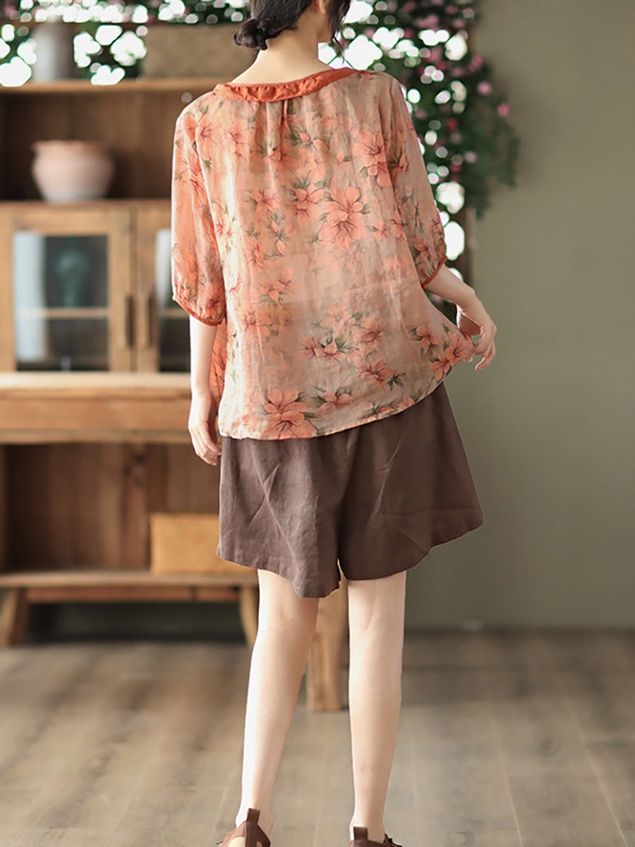 Camicia estiva vintage da donna con motivo floreale Ramie
