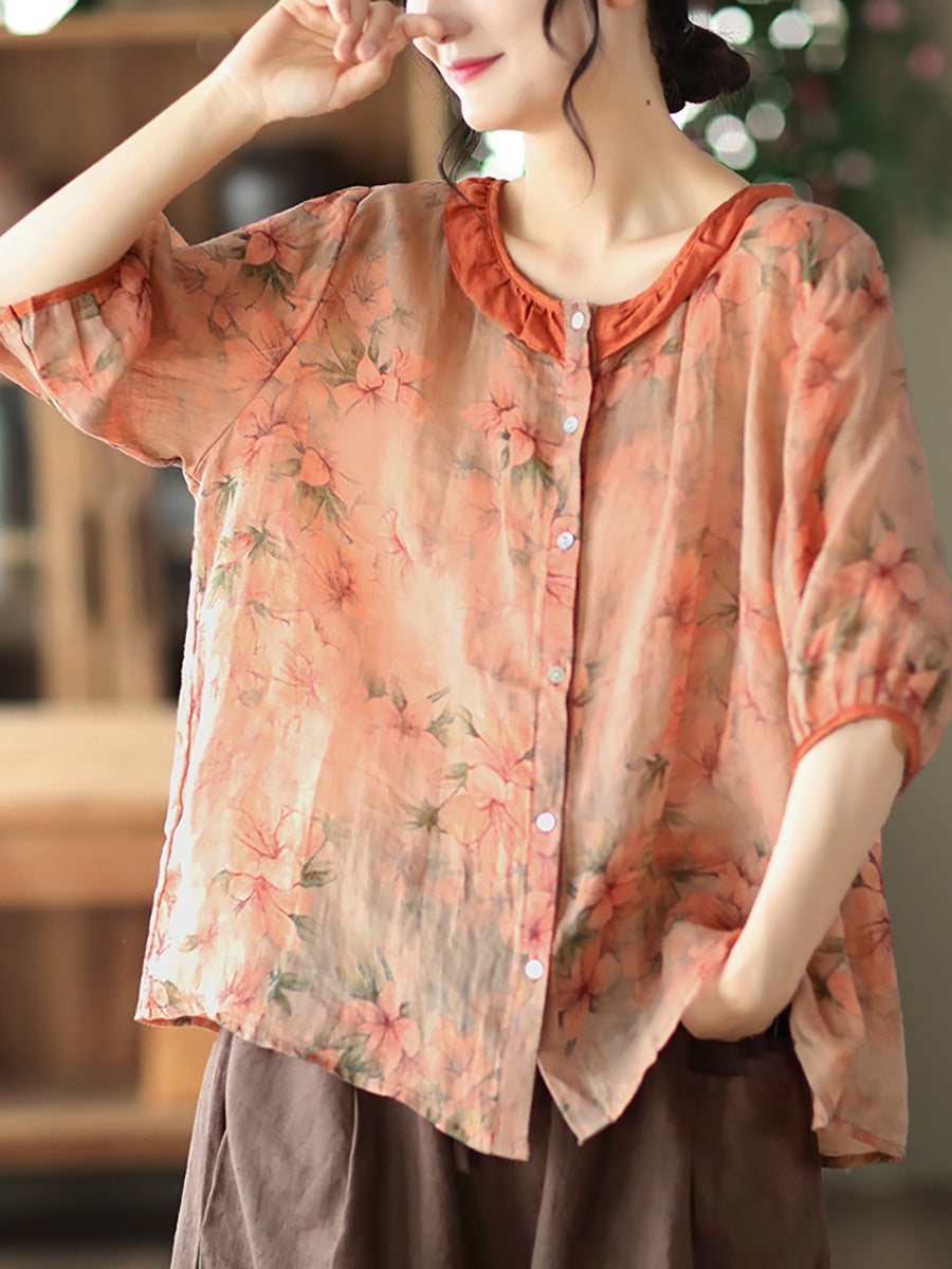 Camicia estiva vintage da donna con motivo floreale Ramie