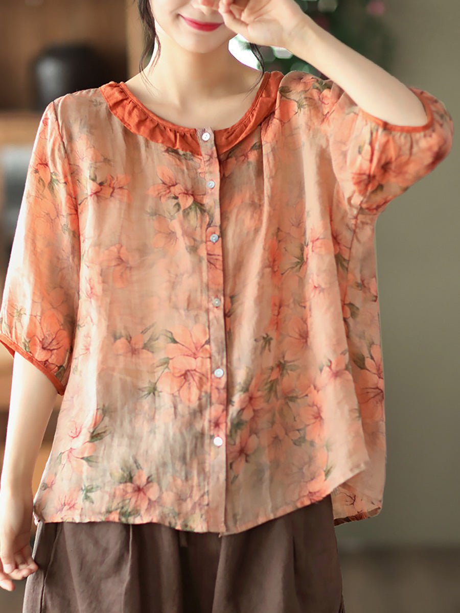 Camicia estiva vintage da donna con motivo floreale Ramie