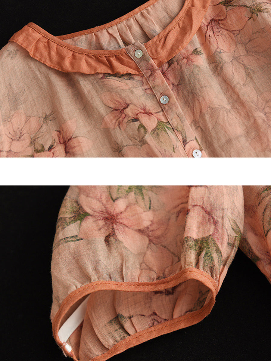 Camicia estiva vintage da donna con motivo floreale Ramie