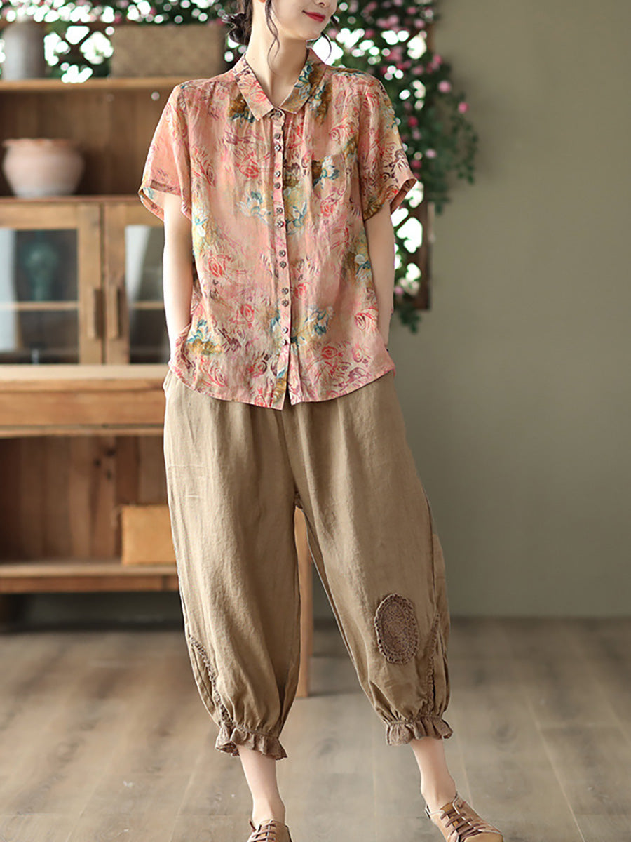 Camicia estiva vintage da donna con motivo floreale Ramie