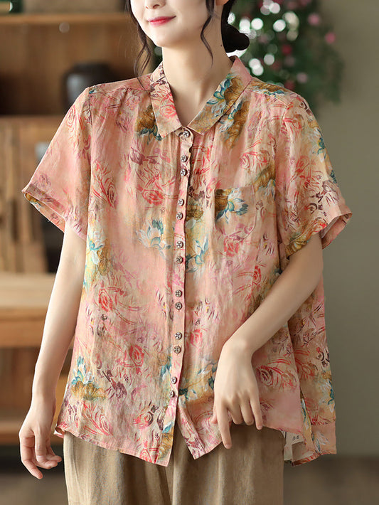 Camicia estiva vintage da donna con motivo floreale Ramie