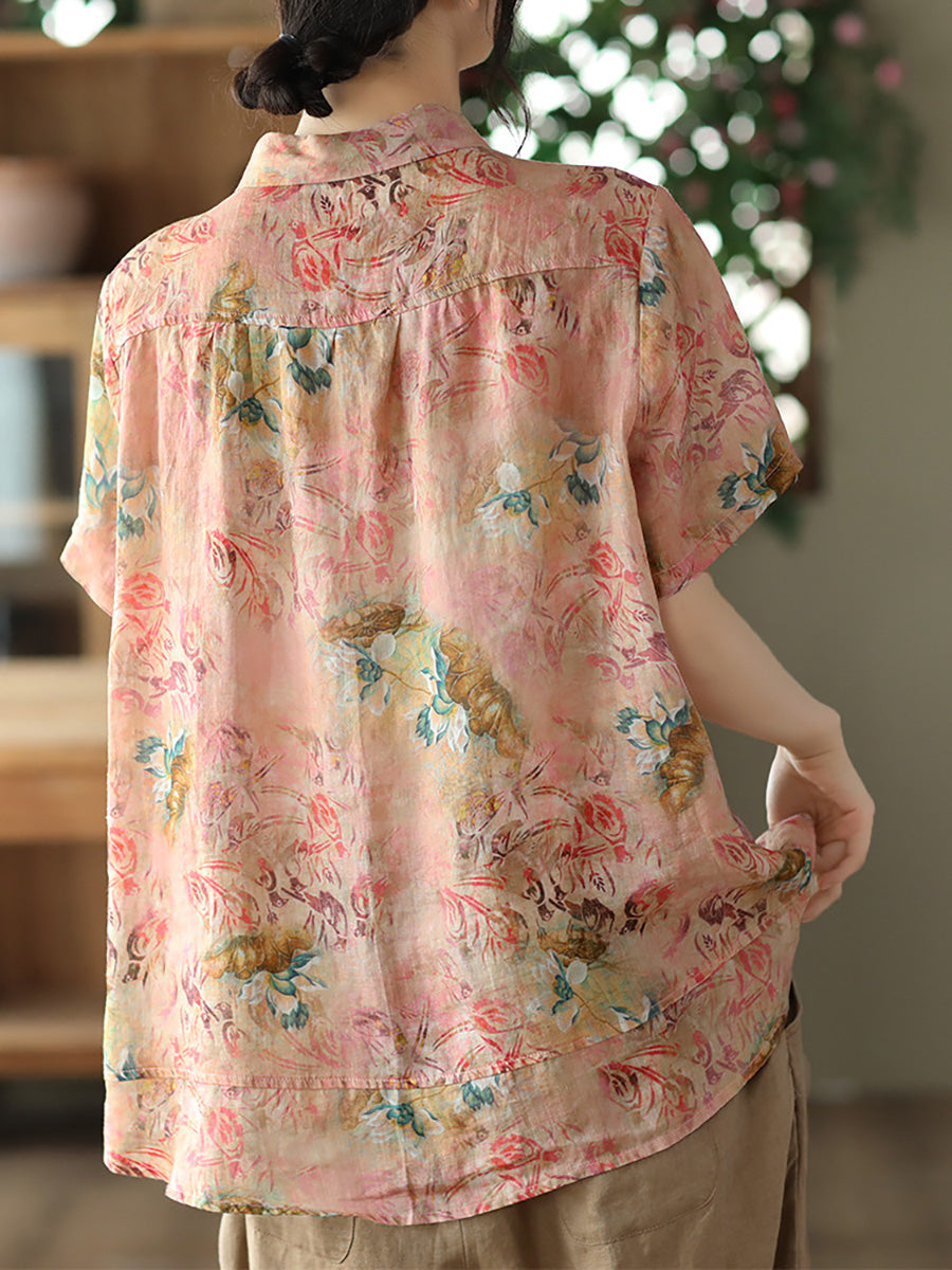 Camicia estiva vintage da donna con motivo floreale Ramie