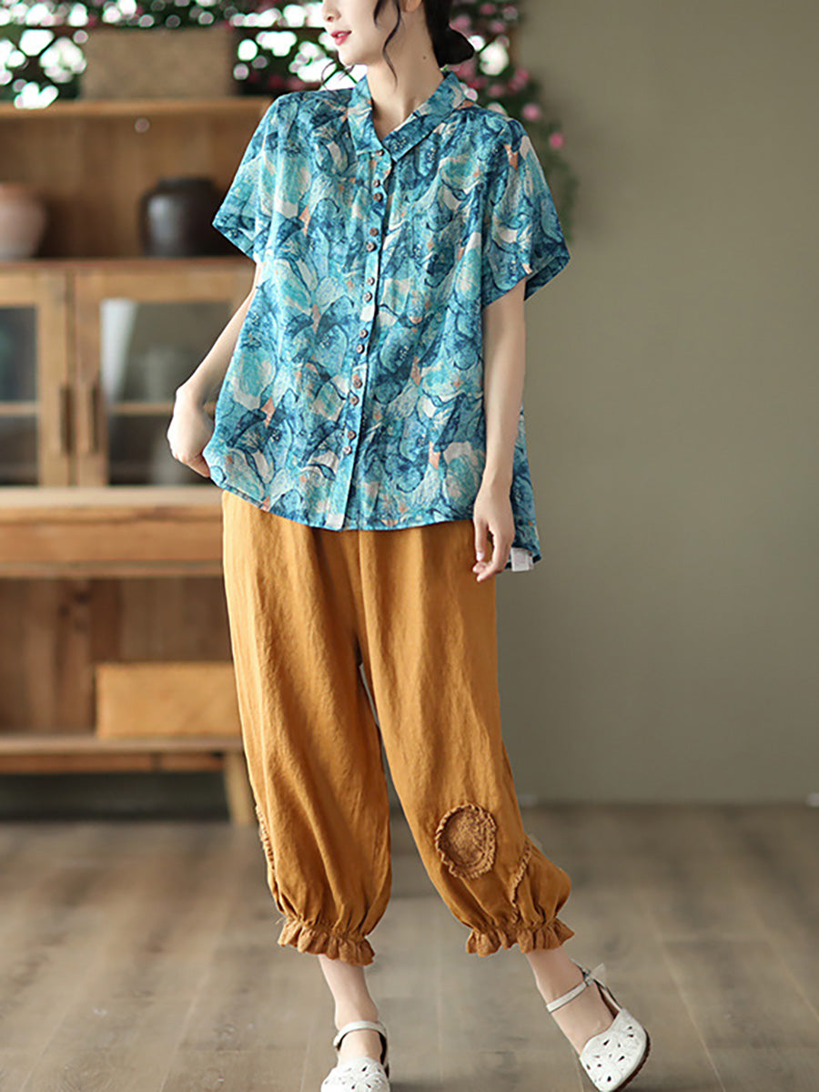 Camicia estiva vintage da donna con motivo floreale Ramie