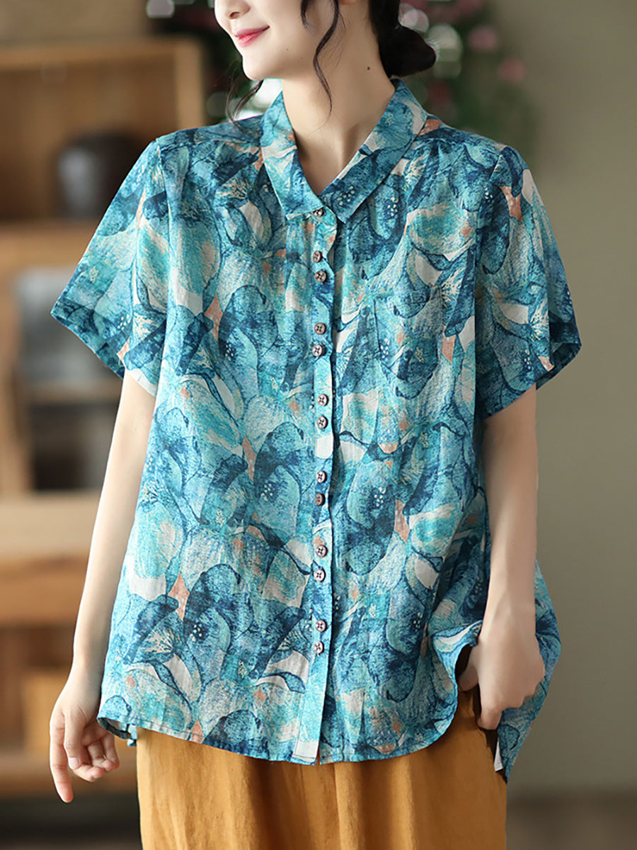 Camicia estiva vintage da donna con motivo floreale Ramie