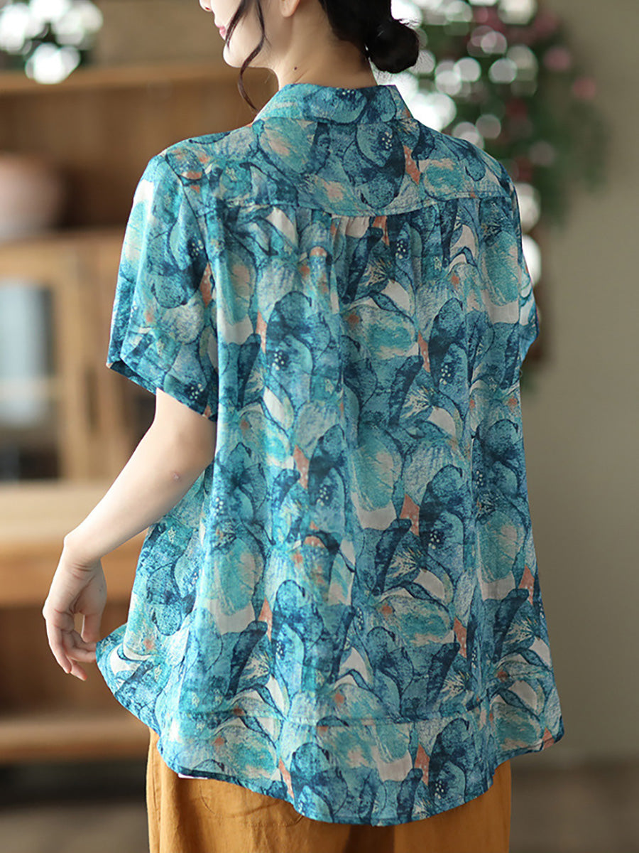 Camicia estiva vintage da donna con motivo floreale Ramie