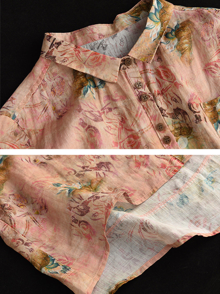 Camicia estiva vintage da donna con motivo floreale Ramie