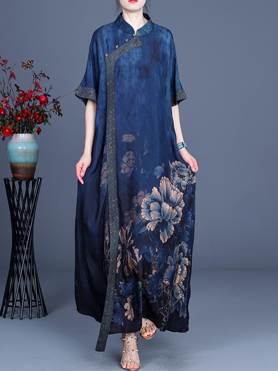Women Casual Retro Flower Rayon Stitching Dress