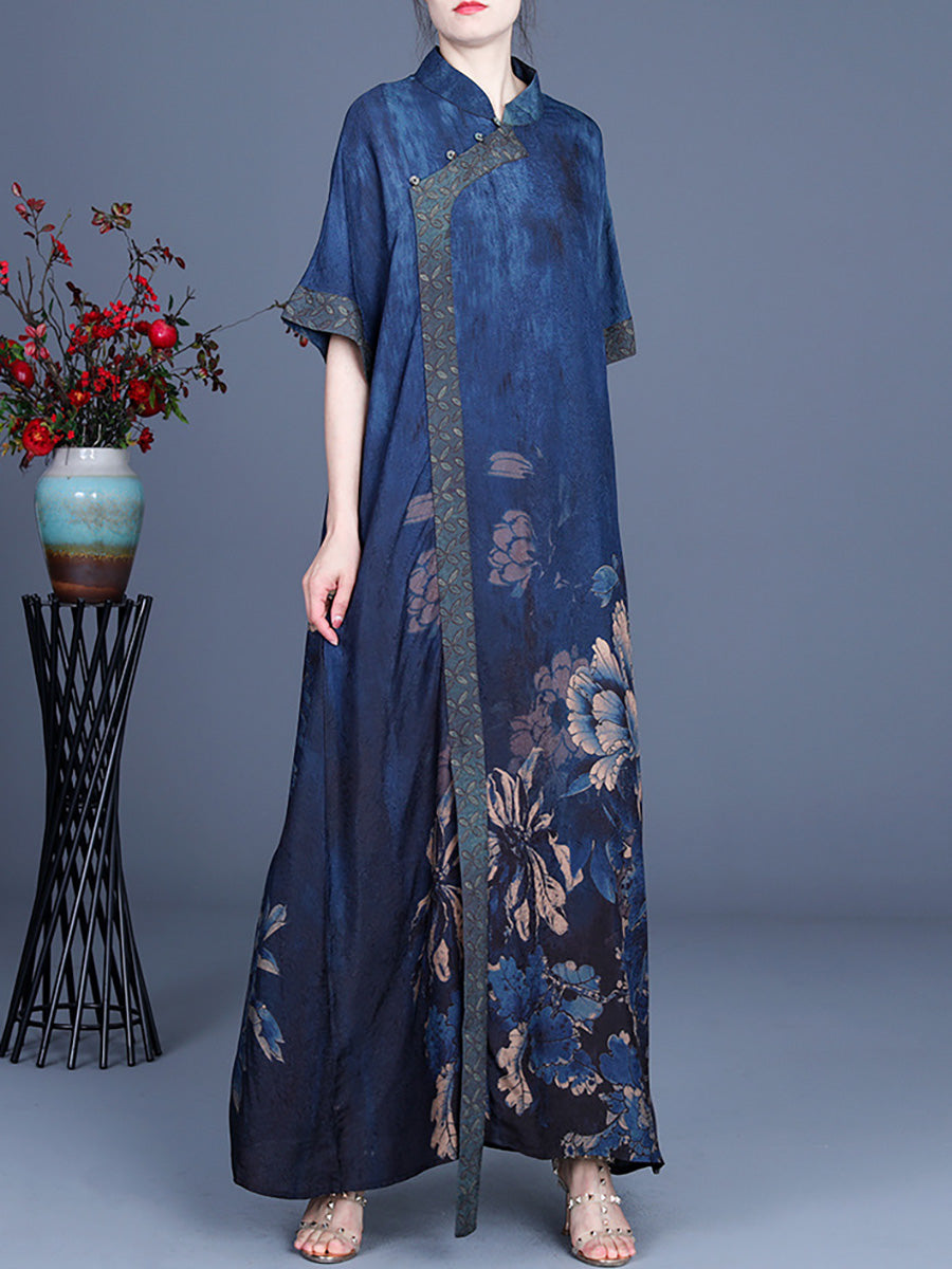 Women Casual Retro Flower Rayon Stitching Dress