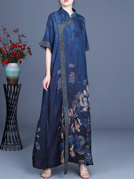 Women Casual Retro Flower Rayon Stitching Dress