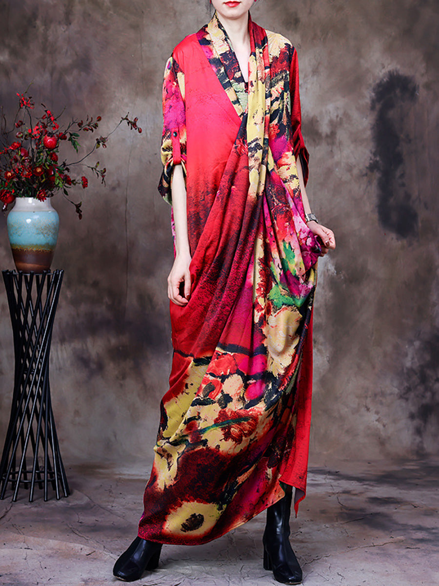 Abito lungo retrò vintage da donna con drappeggio floreale