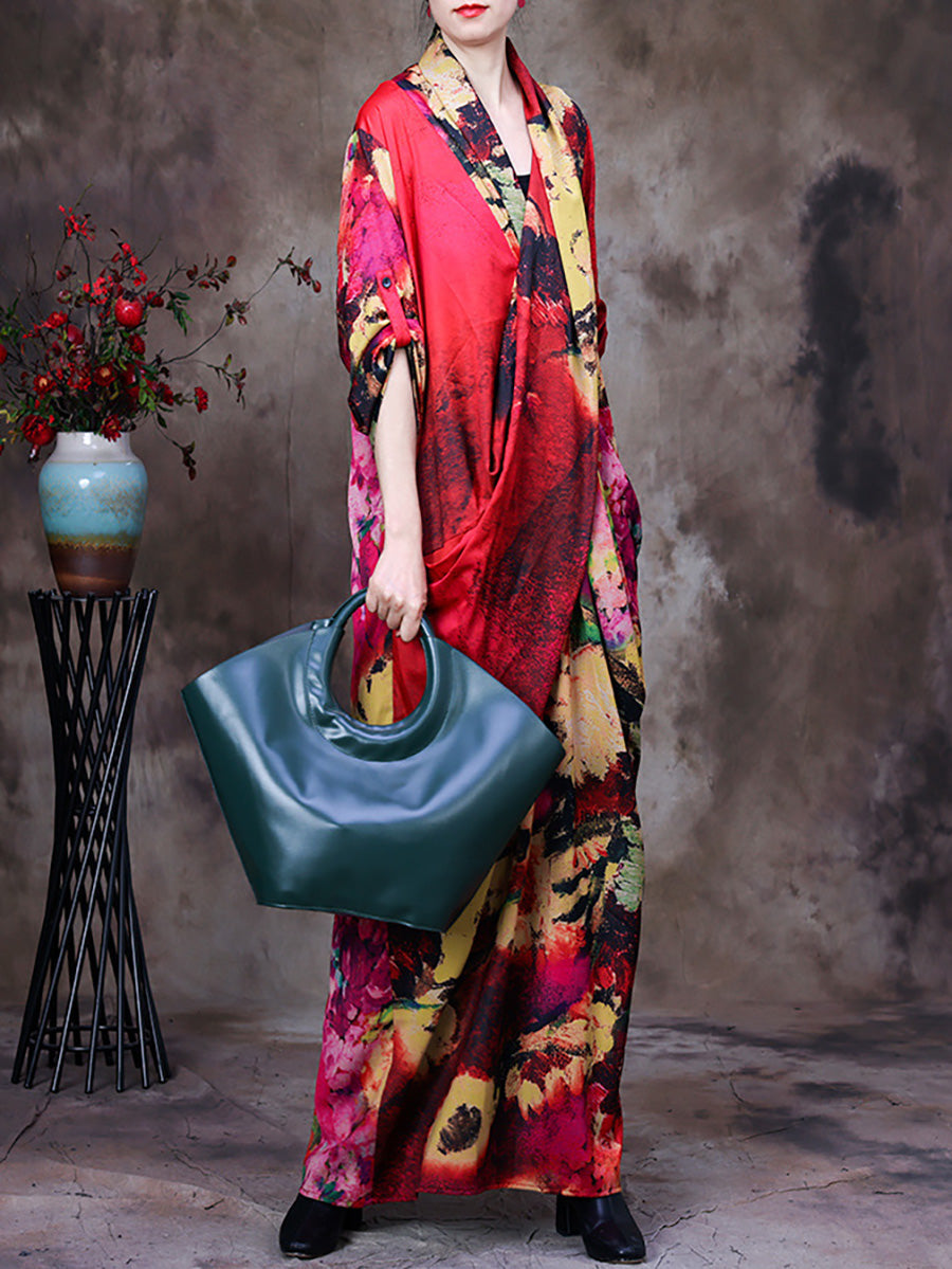 Abito lungo retrò vintage da donna con drappeggio floreale