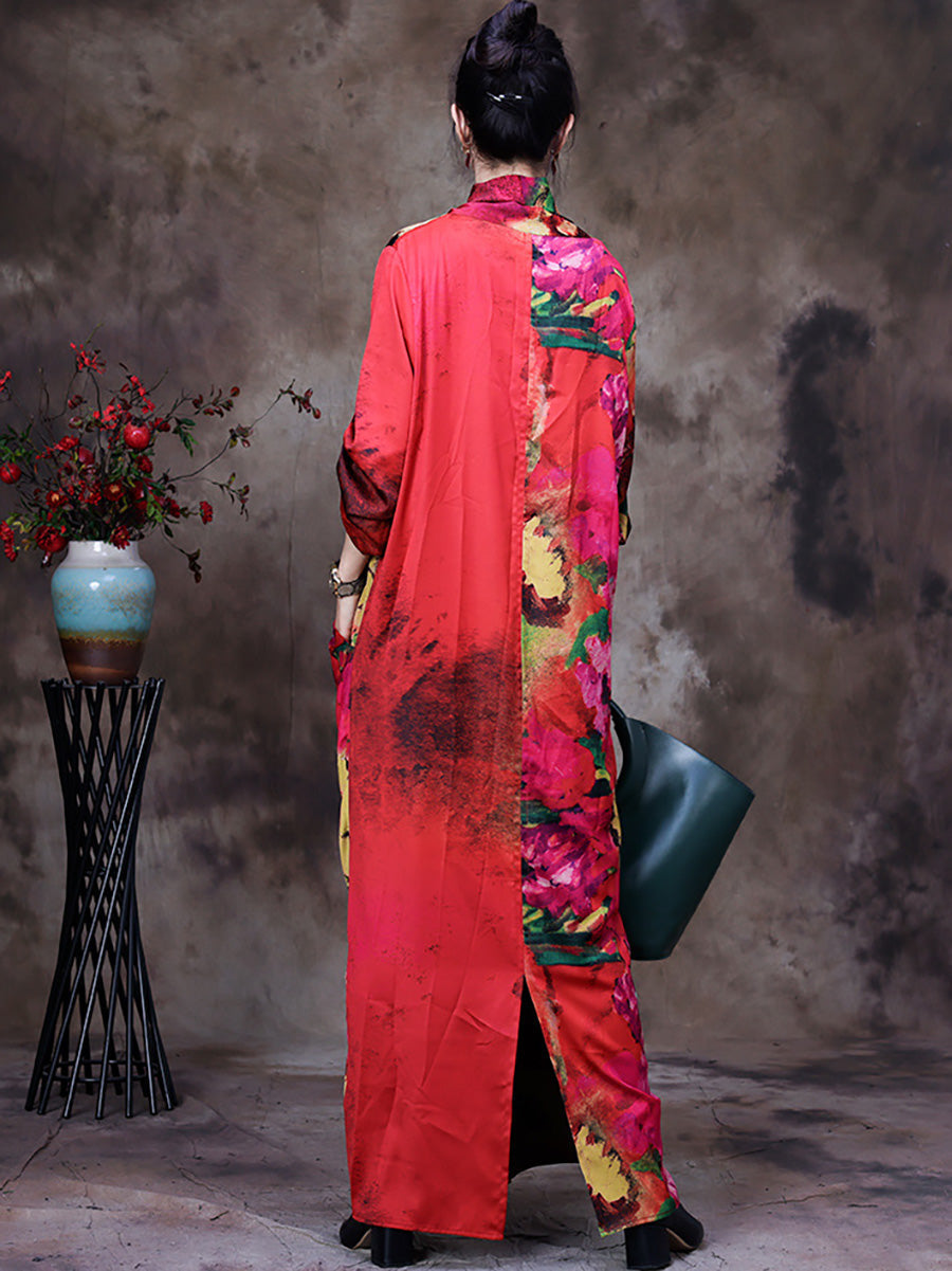 Abito lungo retrò vintage da donna con drappeggio floreale