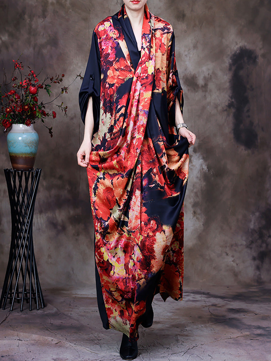 Abito lungo retrò vintage da donna con drappeggio floreale