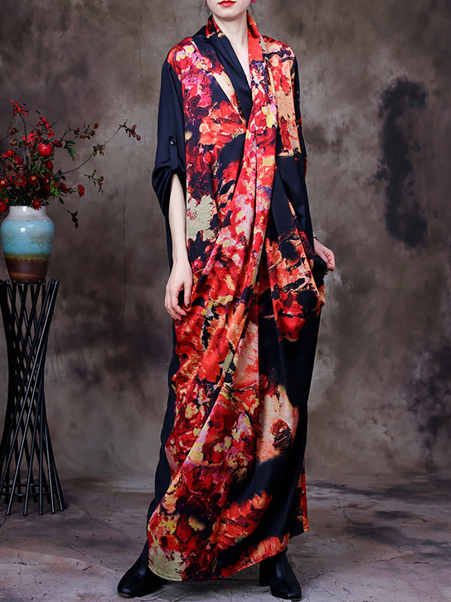 Abito lungo retrò vintage da donna con drappeggio floreale