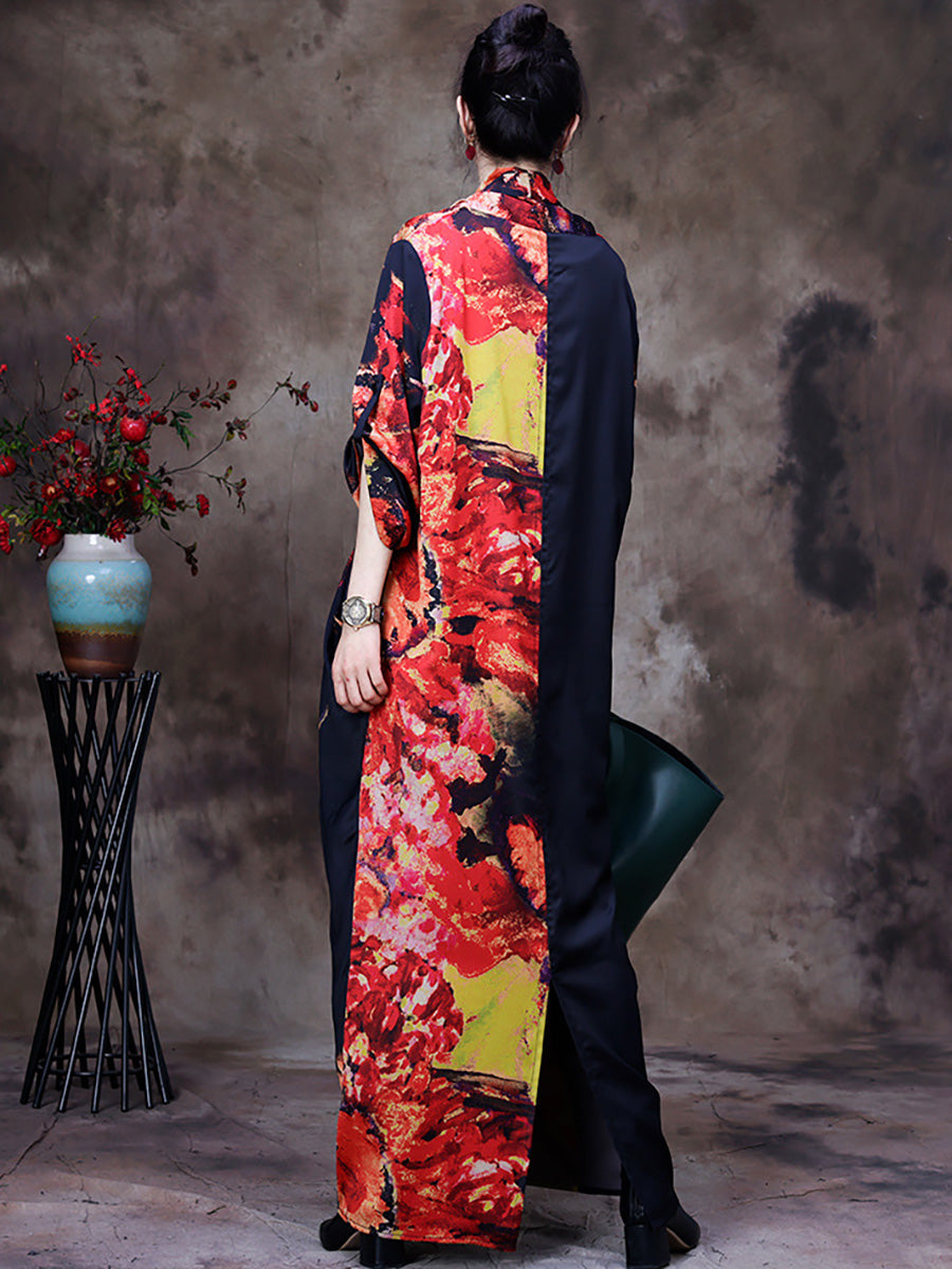 Abito lungo retrò vintage da donna con drappeggio floreale
