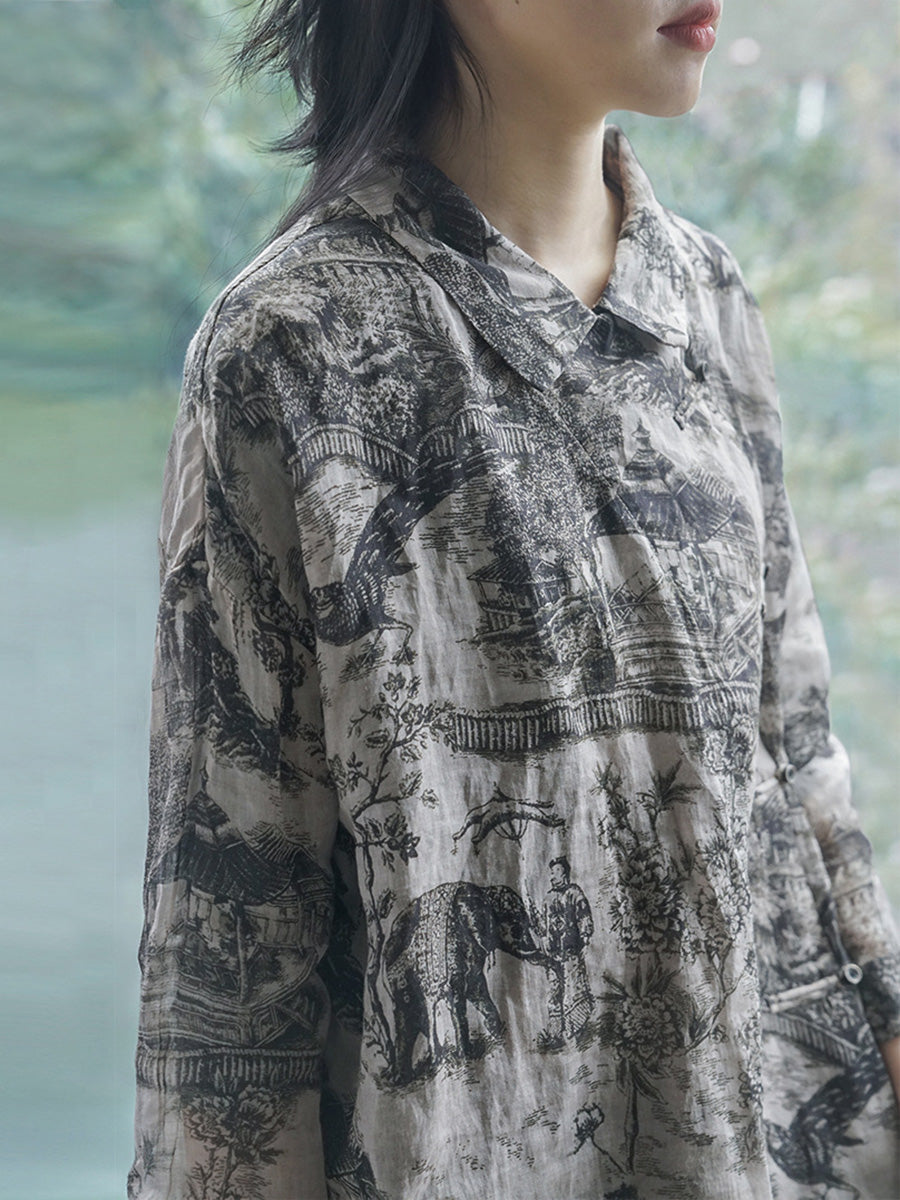 Camicia ampia da donna autunnale con motivo floreale vintage Ramie