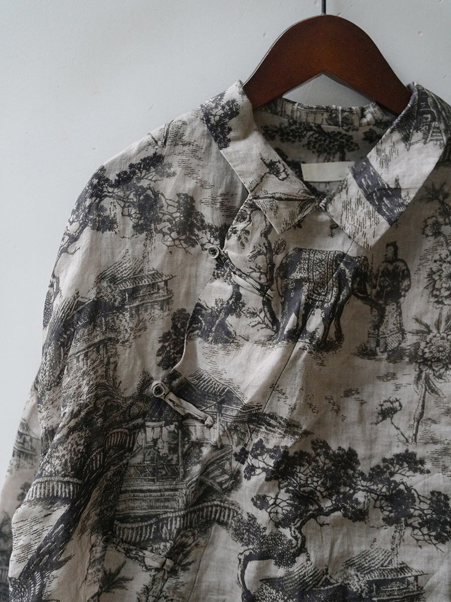 Camicia ampia da donna autunnale con motivo floreale vintage Ramie