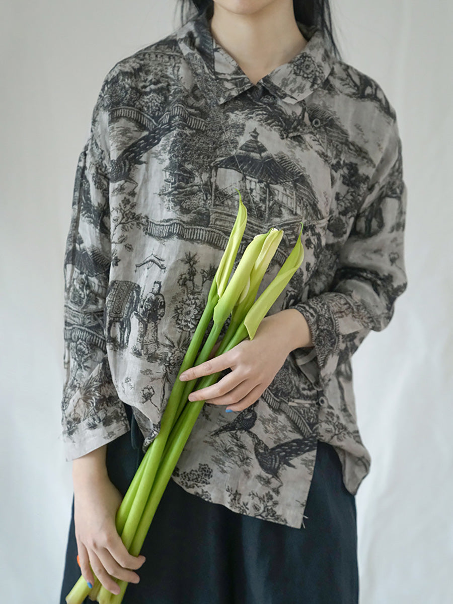 Camicia ampia da donna autunnale con motivo floreale vintage Ramie
