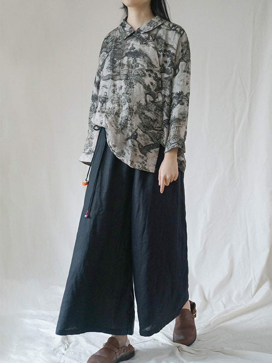 Camicia ampia da donna autunnale con motivo floreale vintage Ramie