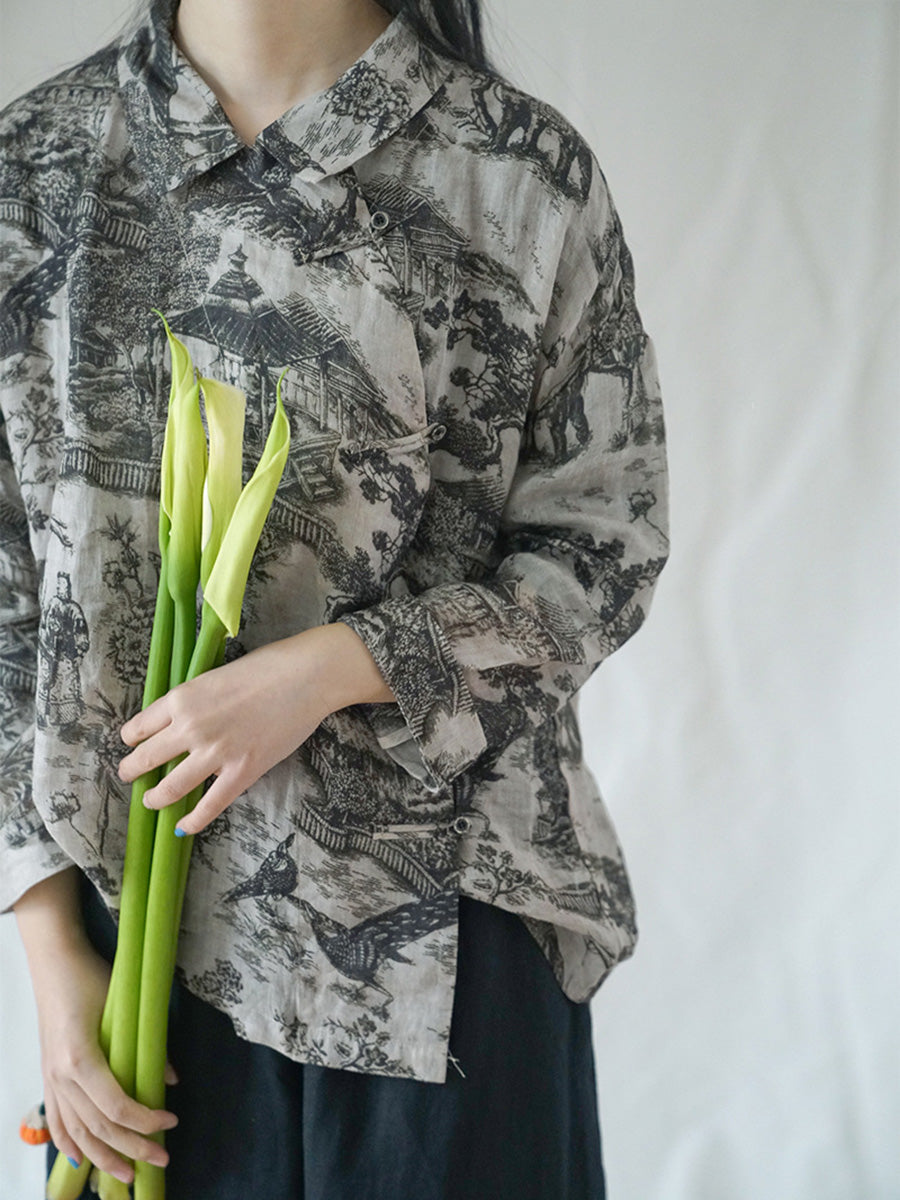 Camicia ampia da donna autunnale con motivo floreale vintage Ramie