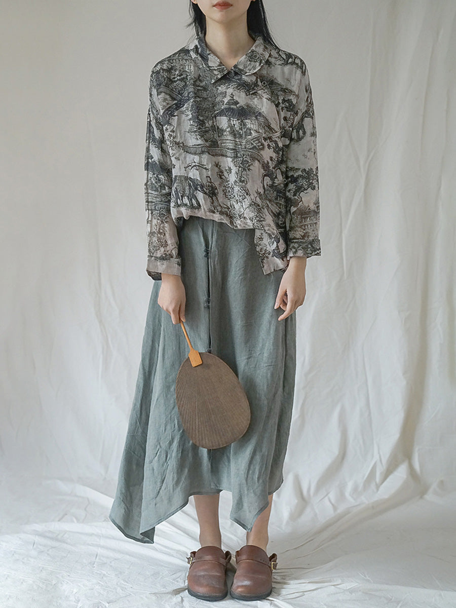 Camicia ampia da donna autunnale con motivo floreale vintage Ramie