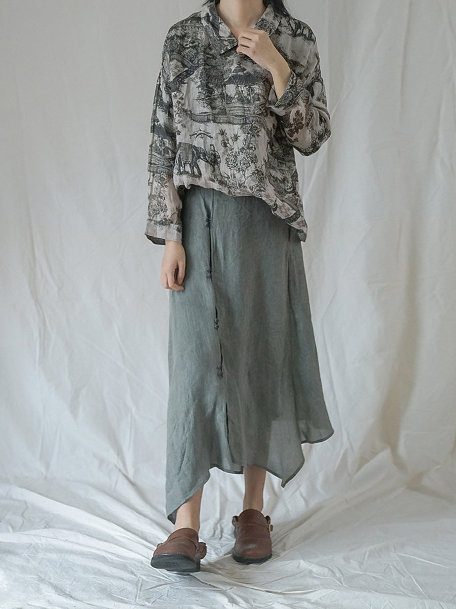 Camicia ampia da donna autunnale con motivo floreale vintage Ramie