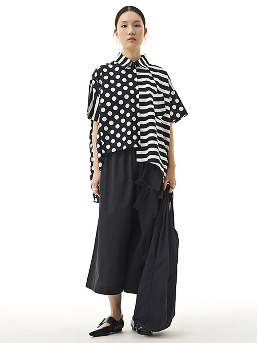 Chemise ample irrégulière à rayures et pois en coton pour femme