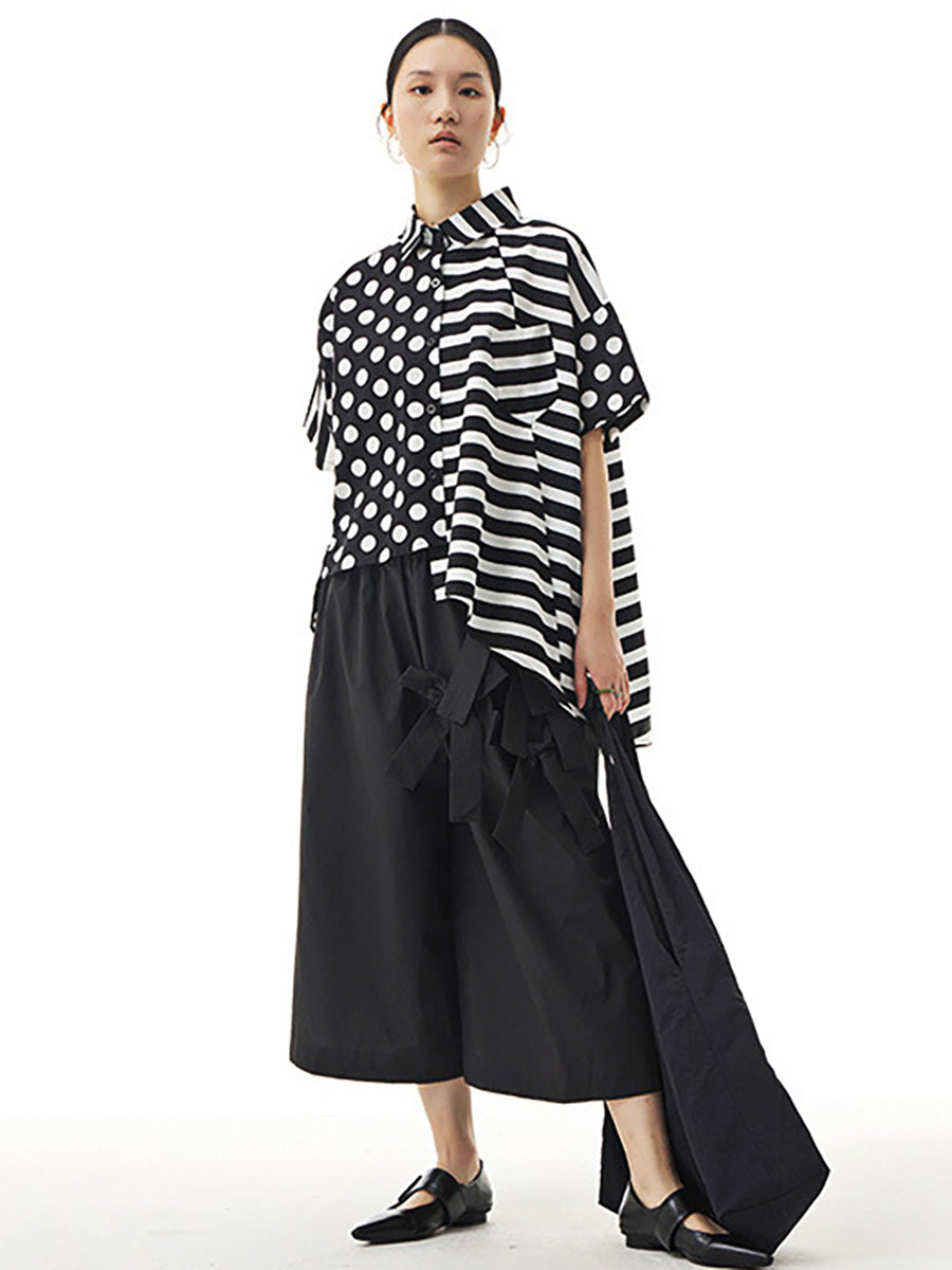 Chemise ample irrégulière à rayures et pois en coton pour femme