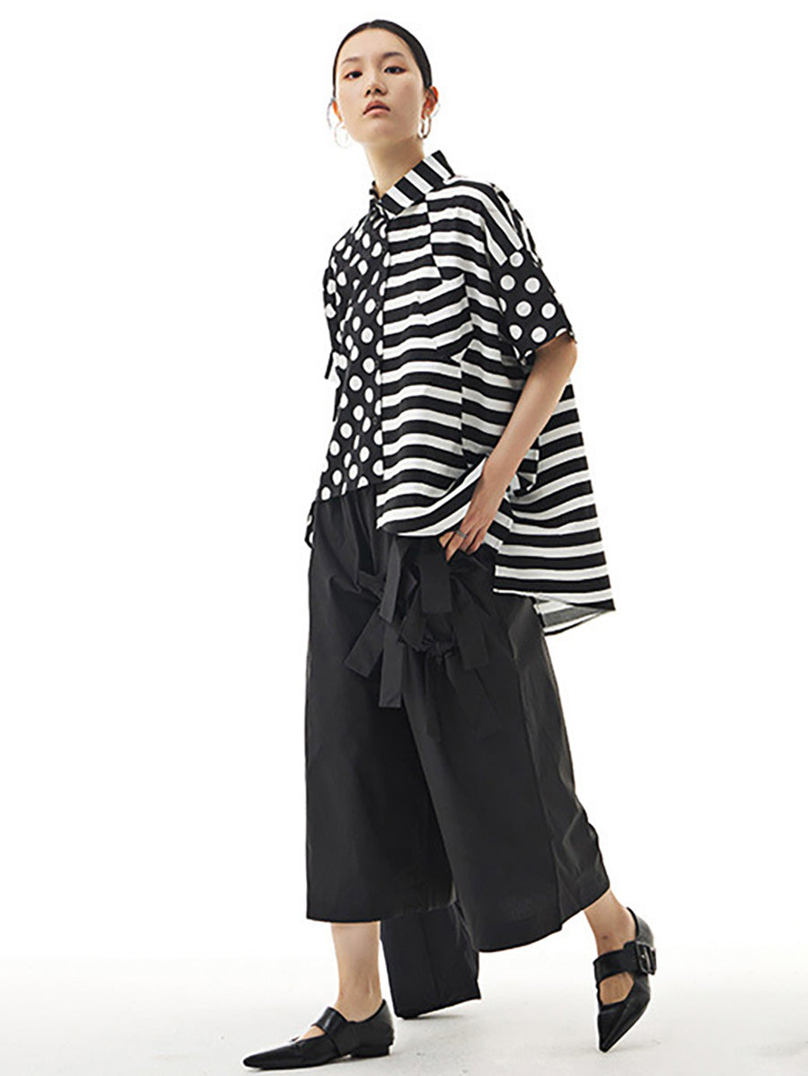 Chemise ample irrégulière à rayures et pois en coton pour femme