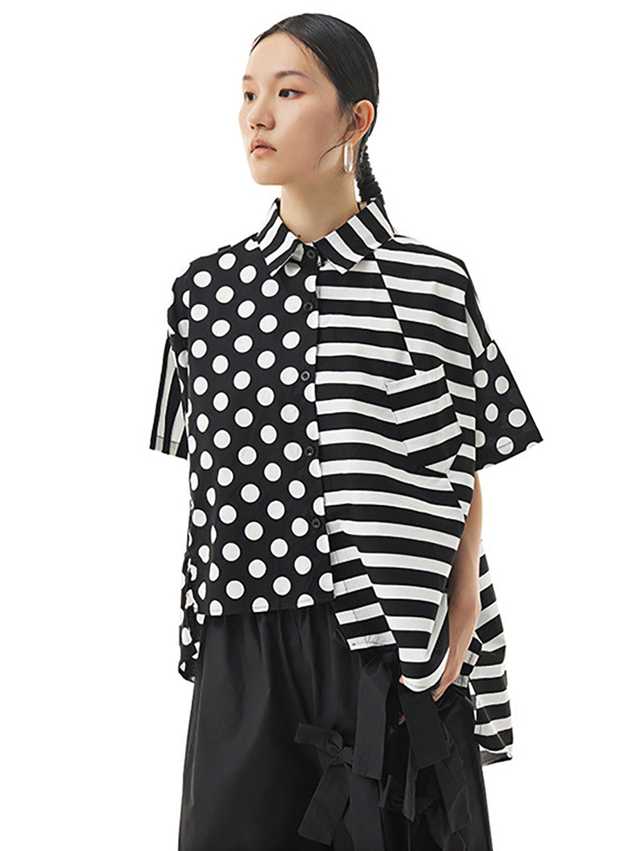 Chemise ample irrégulière à rayures et pois en coton pour femme