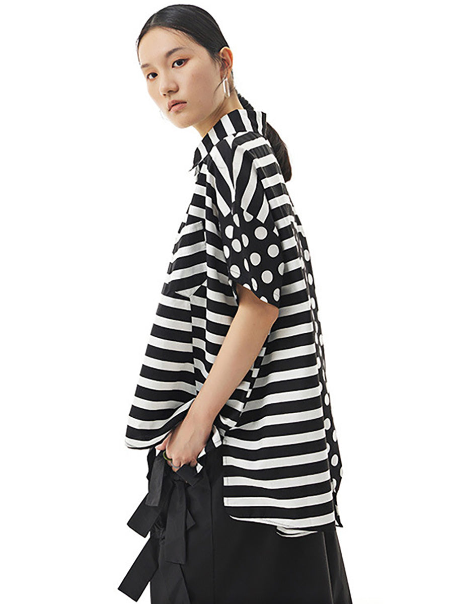 Chemise ample irrégulière à rayures et pois en coton pour femme