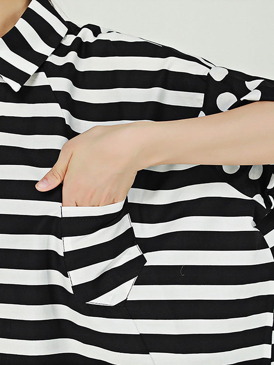 Chemise ample irrégulière à rayures et pois en coton pour femme