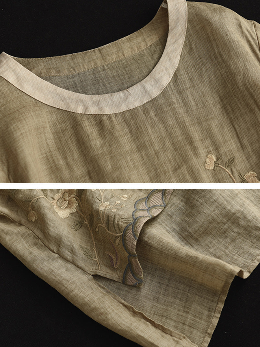 T-shirt décontracté à broderies en ramie pour femme