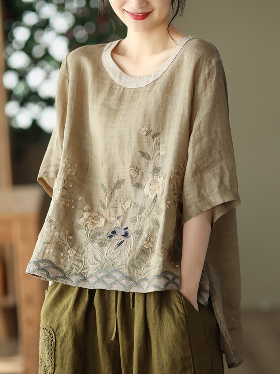 T-shirt décontracté à broderies en ramie pour femme