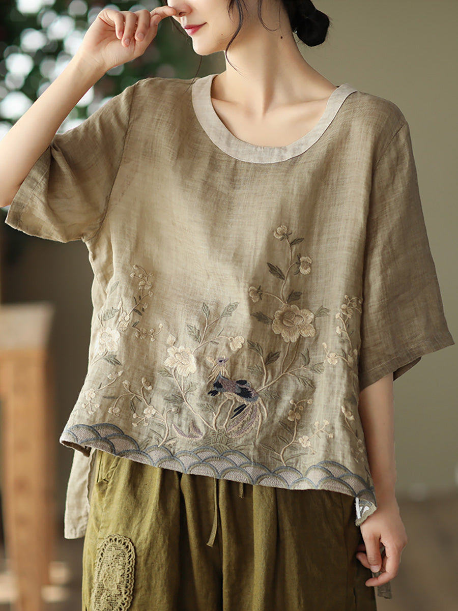 T-shirt décontracté à broderies en ramie pour femme