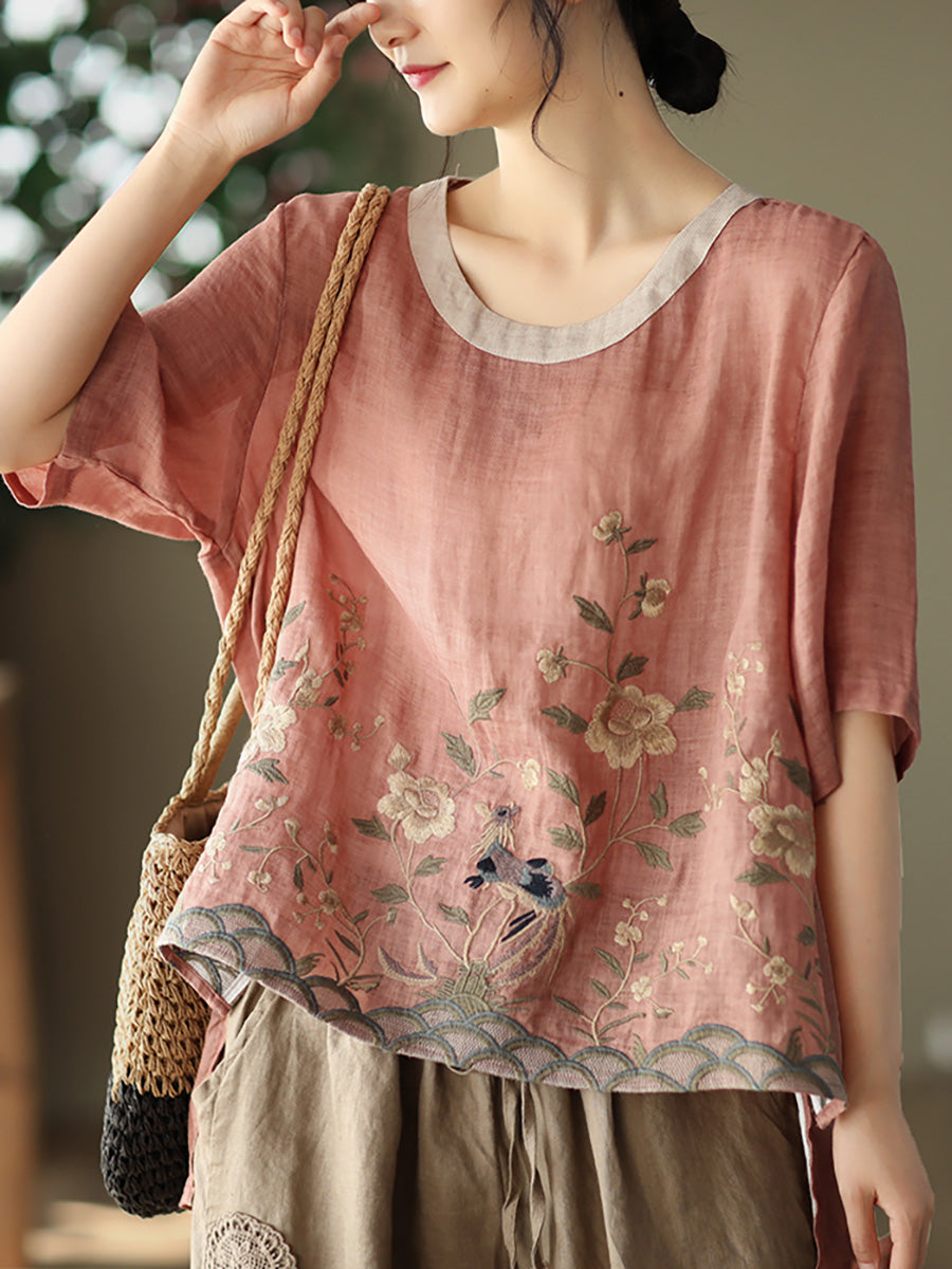 T-shirt décontracté à broderies en ramie pour femme
