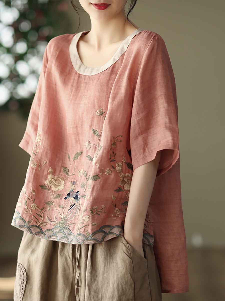 T-shirt décontracté à broderies en ramie pour femme
