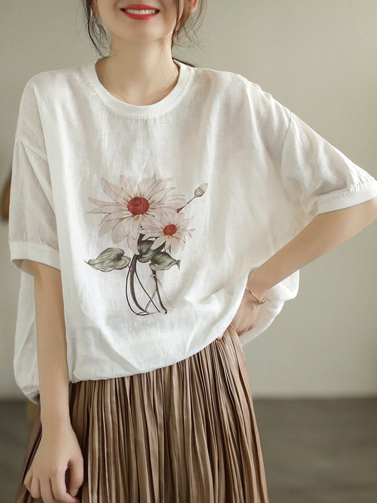 Maglietta a maniche corte con fiori estivi casual in lino da donna