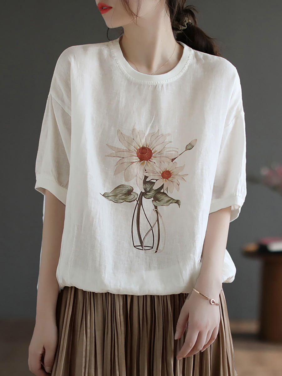 T-shirt d'été décontracté à manches courtes en lin pour femmes