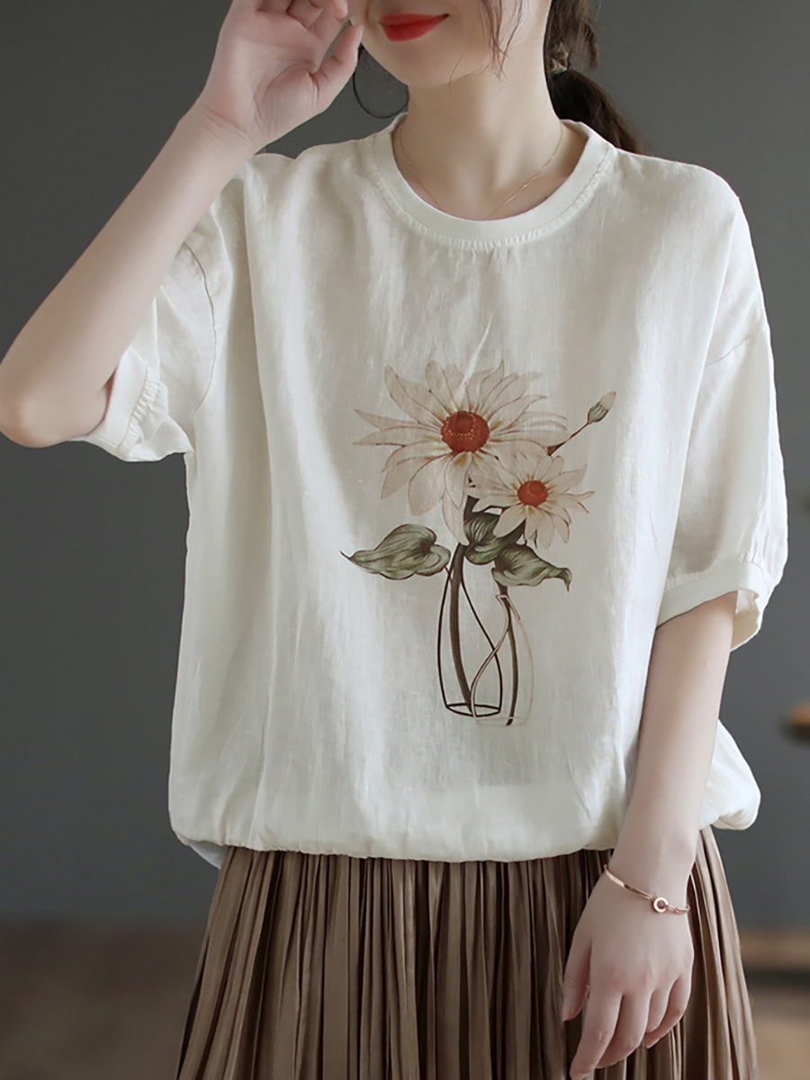 T-shirt d'été décontracté à manches courtes en lin pour femmes