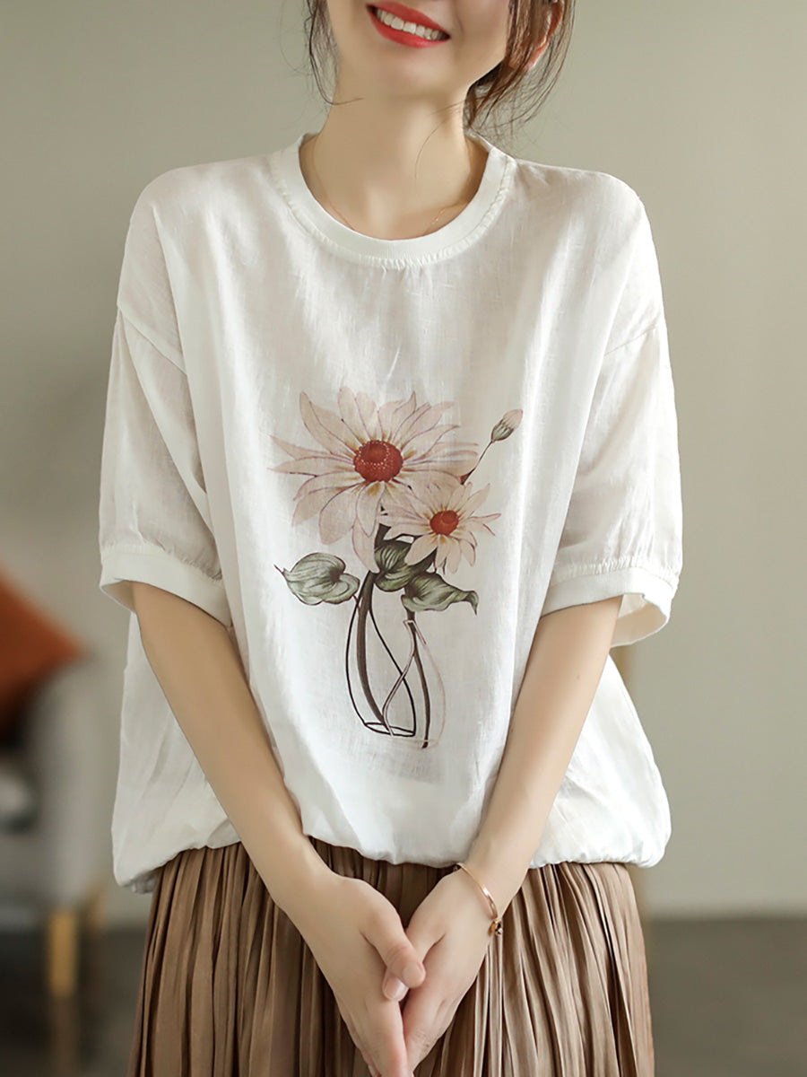 T-shirt d'été décontracté à manches courtes en lin pour femmes